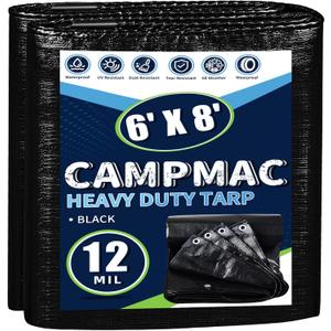 Black Tarps Heavy Duty Waterproof 6x8, 12 Mil Thick, High Durability, Rip and Tear Resistant with Metal Grommets Every 20 Inches