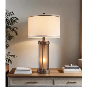 RORIA Farmhouse Table Lamps for Living Room with 2 USB Charging Ports, Vintage Rustic Nightstand Lamp with Amber Glass Nightlight, Retro Desk Lamp for Bedroom Entryway, 2 Bulbs Included (1 Pack-Brown)