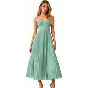 Womens Pleated A-Line Ruched Sleeveless Prom Dress Adjustable Spaghetti Strap Backless Party Gown Dress (Green) L