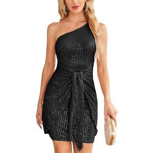 GRACE KARIN Women's Sequin Dress Shiny Sleeveless One Shoulder Bodycon Dress Glitter Party Club Dress Black 18