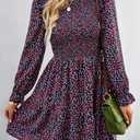 KIRUNDO Long Sleeve Dress for Women 2025 Summer Fall Wedding Guest Smocked Floral Crewneck Ruffle A Line Flowy Mini Dress (L)