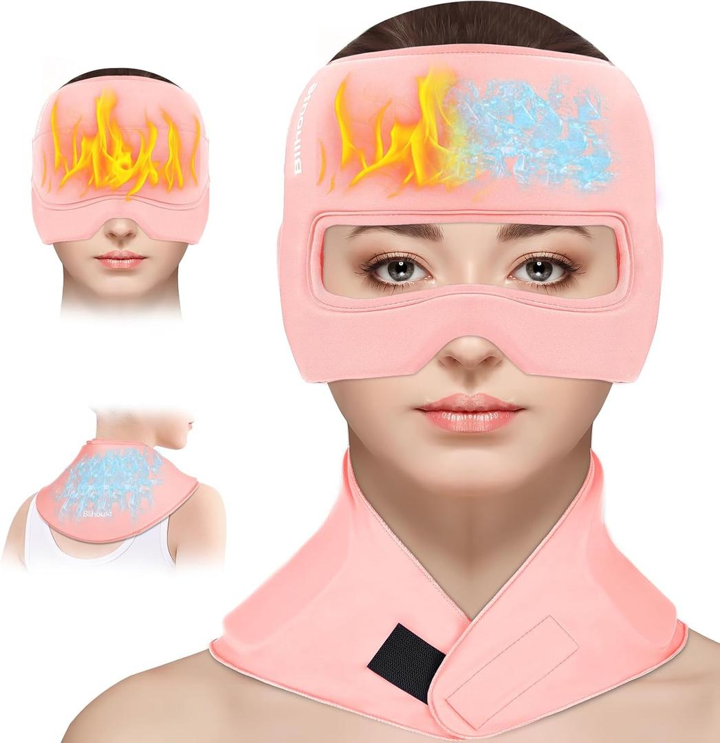 3-in-1 Migraine Relief Cap with Gel Eye Mask & Neck Ice Pack, Hot & Cold Therapy for Headaches, Sinus, Puffy Eyes, Reusable Headache Relief Gifts for Women & Men Pink, Large