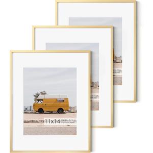11x14 Picture Frame- 11x14 Aluminum Photo Frame with 8x10 Mat, High-Definition Plexiglass Front, and Hanging Hardware - Ideal for Wall or Tabletop Display - Premium Metal Frame Collection, Gold,3 Pack