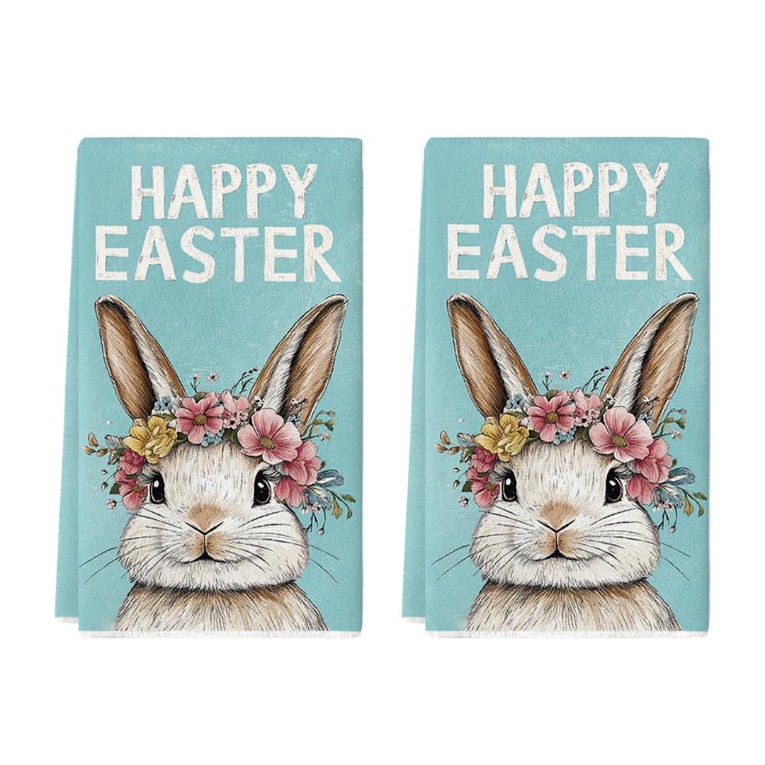 Artoid Mode Blue Rabbit Flower Wreath Happy Easter Spring Kitchen Towels Dish Towels, 18x26 Inch Farmhouse Summer Decoration Cleaning Set of 2