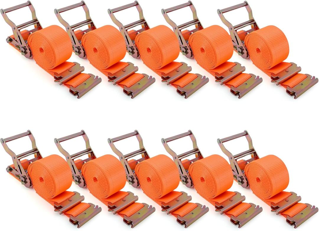 2" x 15 FT E-Track Ratchet Straps (10-Pack) - High Visibility Safety Tie Downs with E-Track Fittings, 4500 lbs Break Strength for Night Work & Enhanced Cargo Security in Trailers & Trucks-Orange