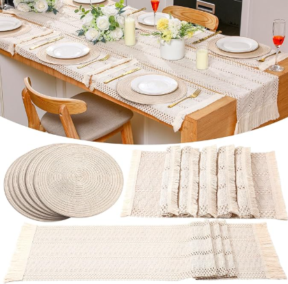 Boho Placemats Set of 6 Handmade Round Woven Placemats Boho Macrame White Table Runner with Tassel Farmhouse Placemat Cotton Burlap for Bohemian Dining Table Bedroom Decor Rustic Bridal Shower