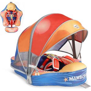 Mambobaby Baby Pool Float with Canopy, Non-Inflatable Infant Swim Float with Safe Seat and Tail Support for 3-24 Months, UPF 50+ Sun Protection, 19.6 x 22.8"