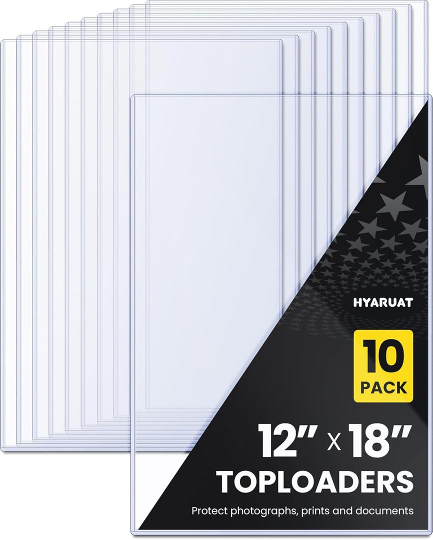 12x18 Toploader - Clear Semi-Rigid PVC Sheet Protectors, Hard Plastic Sleeves for Lithographs, Posters, and Prints (10-Pack)