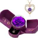 Preserved Purple Rose with Heart Necklace, Eternal Real Rose Flowers, Romantic Rose Gifts for Women, Mom, Wife, Grandma, Girlfriend, Birthday, Anniversary, Mothers Day(Purple)