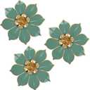 Metal Flowers Wall Decor Set of 3, Green & Gold 3D Floral Metal Wall Art Decor for Inoor & Outdoor Use, Vintage & Modern Walls Arts for Bathroom, Living Room, Bedroom, Garden, Patio, Porch, Office,10"