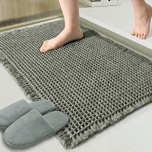 ZALL Waffle Bath Mat Black Super Absorbent Non Slip Bathroom Rug,Rhombus Geometric 24x48inch,Machine Washable Ultra Soft Floor Mats