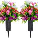 Set of 2 Artificial Cemetery Flowers, Artificial Rose Lily Grave Memorial Flowers with Black Plastic Vase for Cemetery Headstones Gravesite Decoration