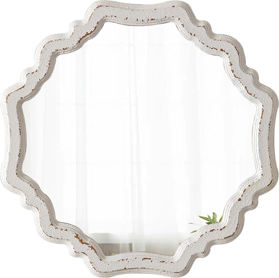 Rustic Scalloped White Round Mirrors for Wall Decor Living Room 15.7 Inch, Hanging Vintage Wooden Circle Vanity Mirror for Bathroom, Handmade Distressed Farmhouse Wavy Entryway Mirror