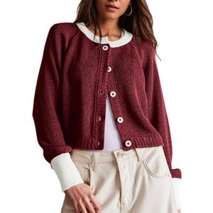 UNCLECAT Women's Cropped Cardigan Sweaters Fall Long Sleeve Open Front Cardigans Button Down Color Block Knit Outwear Coats (Wine Red), S