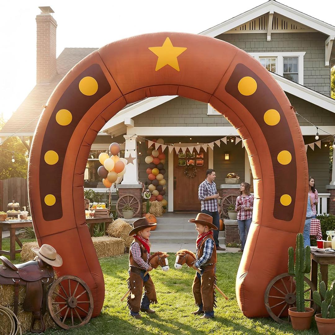 Seenelling 9 ft Western Party Giant Inflatable Archway Decoration, Cowboy Horseshoe Arch Built-in LED Lights for Western Themed Party Birthday Indoor Outdoor Supplies