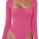 QINSEN Women's Sexy Square Neck Bodysuit Long Sleeve Double Lined Shirt Tops (Large, Magenta)