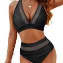ZAFUL High Waisted Tummy Control Ribbed Bikini Set Full Coverage Cute Bathing Suit Striped Going Out Two Piece Swimsuit (Medium, Black)