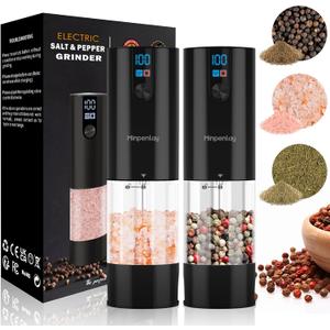 Electric Salt and Pepper Grinder Set Rechargeable with LED Display, Adjustable Coarseness, 120ml Container Automatic Pepper and Salt Grinder for Kitchen, Restaurant (Bright Black - 2Pack)