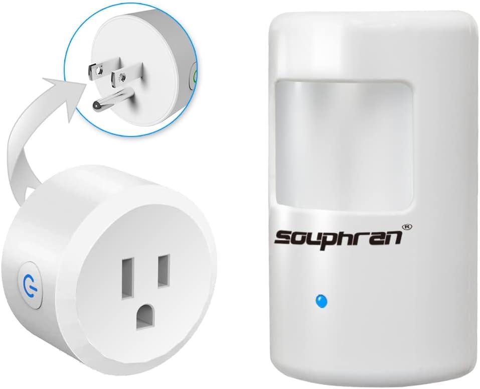 Plug-in Wireless Motion Activated Light Control, No Wiring, 130 Ft RF Range, Adjustable Detection Range, Always-on Timer and Light Sensor, Motion Detector and Plug Set