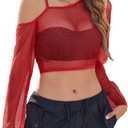 Avidlove Mesh Crop Tops for Women Long Sleeve Fishnet Shirt See Through Tops Rave Outfits Party Clubwear (Red, XL)