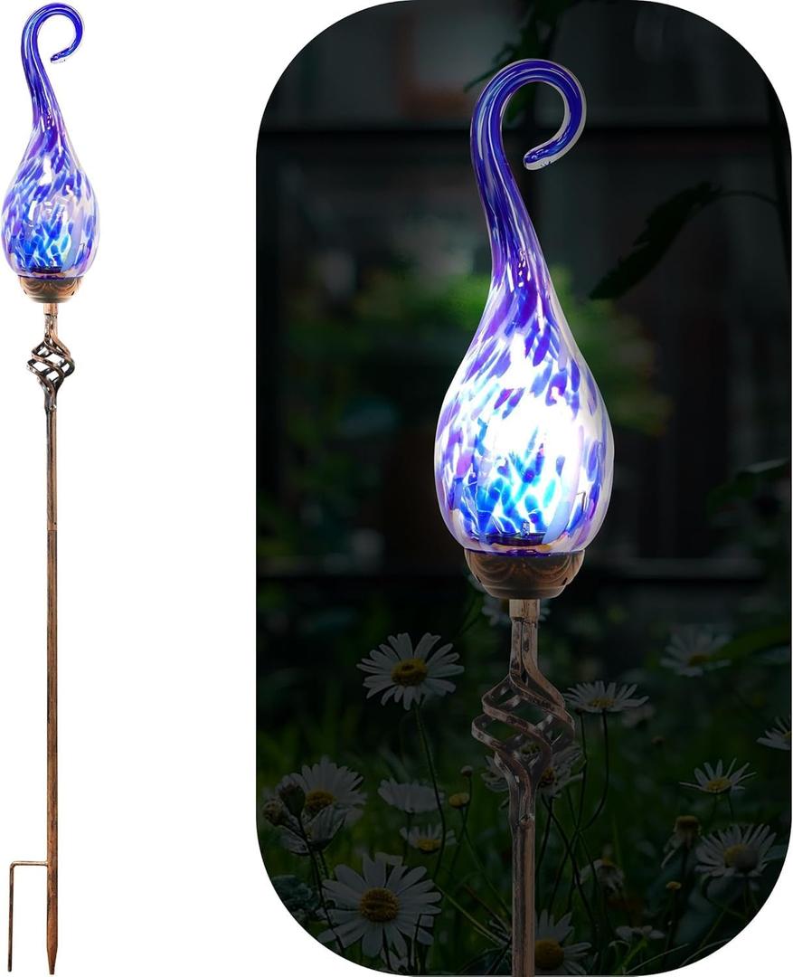 Garden Solar Lights,Flame Solar Lights Outdoor - Hand Blown Glass Waterproof Glass Stakes Outdoor Waterproof Blue Flame Solar Light