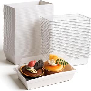 SHENLIU 100 Pack Paper Charcuterie Boxes with Clear Lids, White Disposable Sandwich Containers, Small Bakery Treat Boxes for 2 Cupcakes, Muffins, Hot Cocoa Bombs, Strawberries, To Go Desserts Box