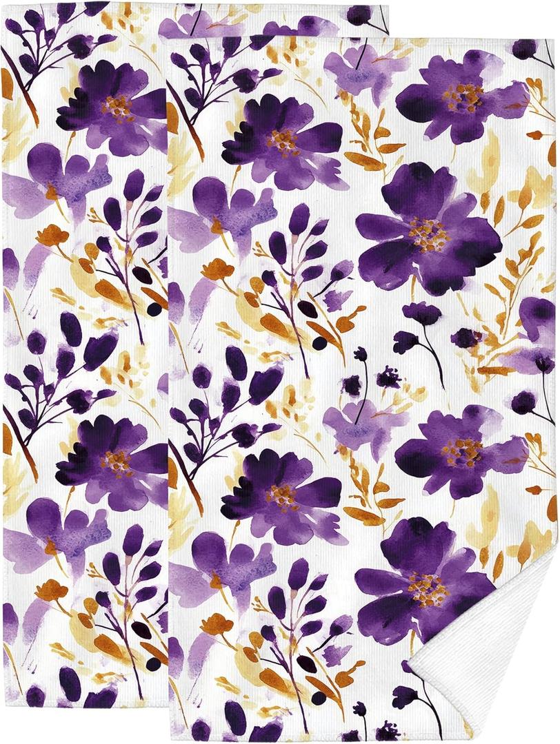 Purple Floral Hand Towels Bathroom Soft Absorbent Purple Flower Decorative Bath Towels Set for Bathroom Gym Spa Home Farmhouse Housewarming Gifts for Women Girls Set of 2, 14"x28"