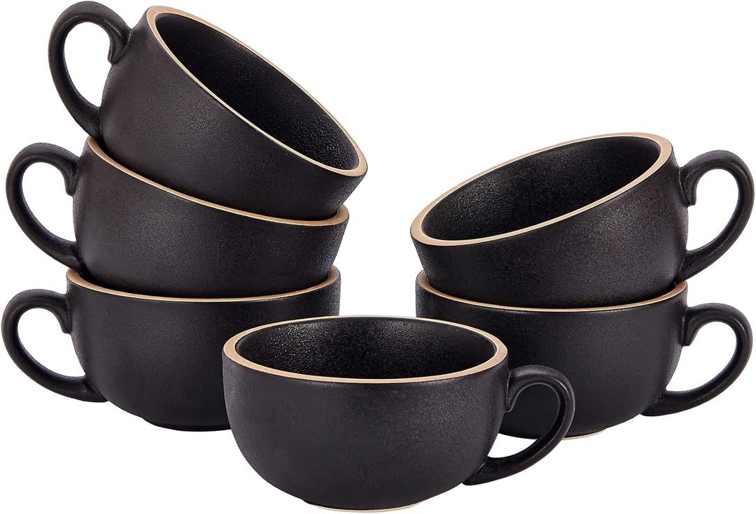 Coffeezone Set of 6 Cups Vintage Design 12 oz Professional Barista Ceramic Latte Art Cappuccino Cups Set (Rough Black * 6)