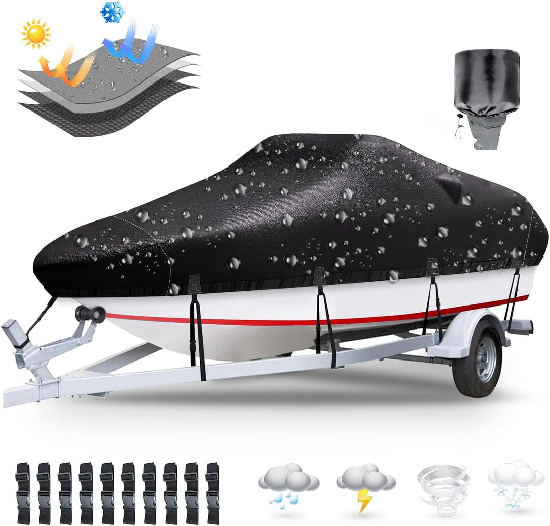20'-22' Heavy Duty 1200D Polyester Canvas Trailerable Cover, UV Resistant Waterproof for Bass, V-Hull Tri-Hull, Runabout, Fish&Ski Boats with Motor Cover