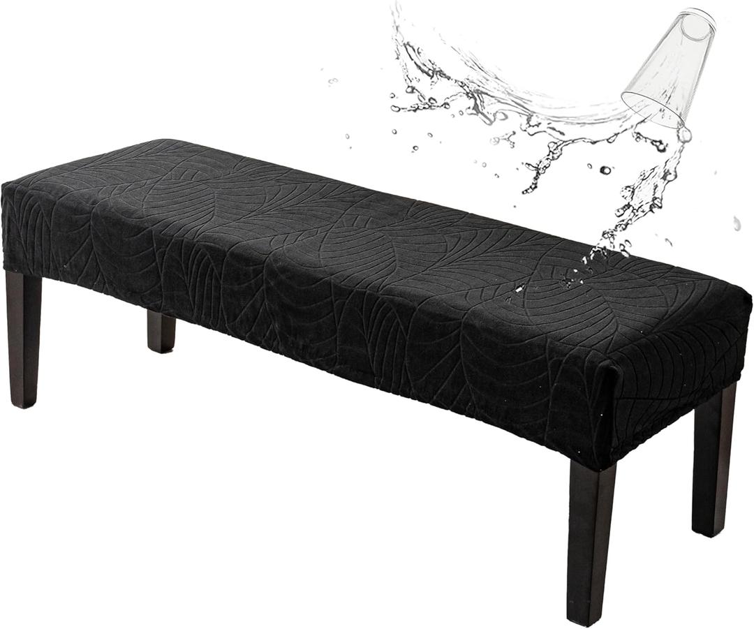 Genina Stretch Jacquard Dining Bench Cover - Anti-Dust Removable Bench Slipcover Washable Bench Seat Protector Cover for Living Room, Bedroom, Kitchen-Black (Macrophyte)