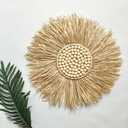 Boho Wall Mirror Decor - Raffia Straw Mirror Decor Round Handmade Wall Art for Children Room Decor Living Rooms Bedrooms Display Table Settings Home Kitchen 18in (Mirror)