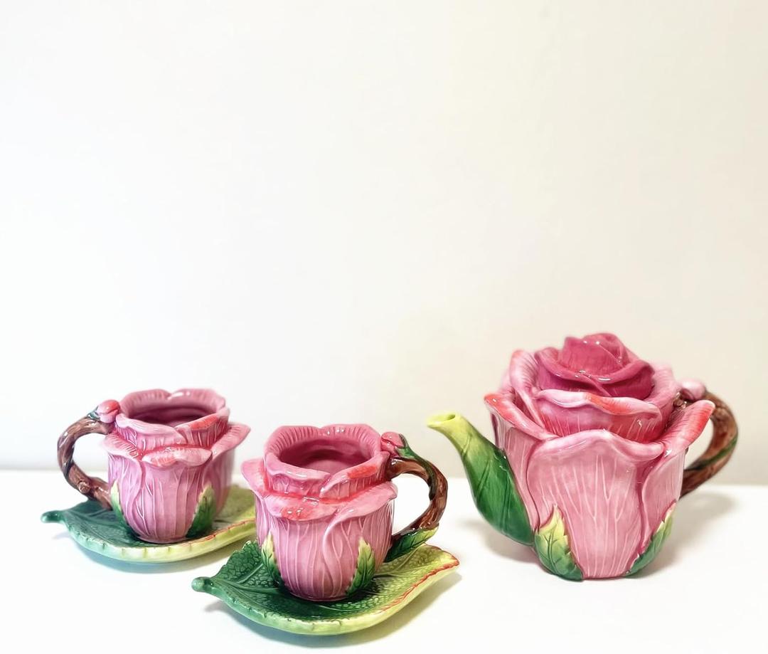Ceramic Rose Tea Pot Set, 3D Hand-painted Rose Red Flower Cup and Green Leaves Saucer, Set of 5