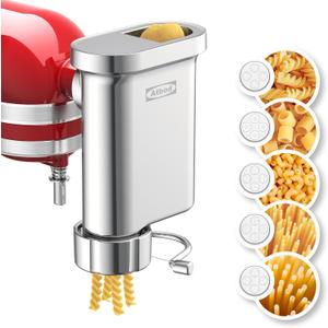 Metal Gourmet Pasta Press Attachment for Kitchenaid Stand Mixer, Pasta Maker Attachment with 5 Interchangeable Plates, Spaghetti Bucatini Fusilli Large/Small Macaroni