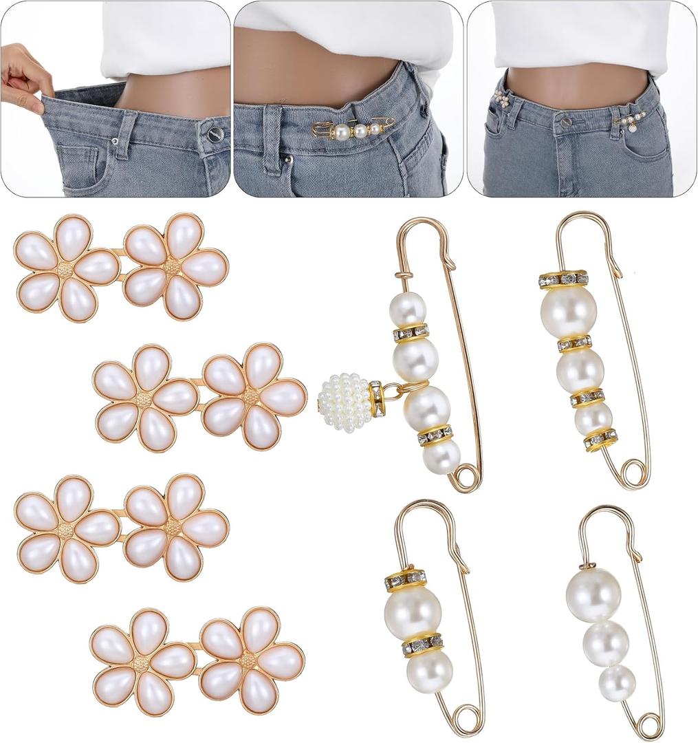 8Pcs Jean Waist Tightener, Metal Pearl Flower Button Pins, Reusable Cincher Clips for Loose Pants Dresses Skirts