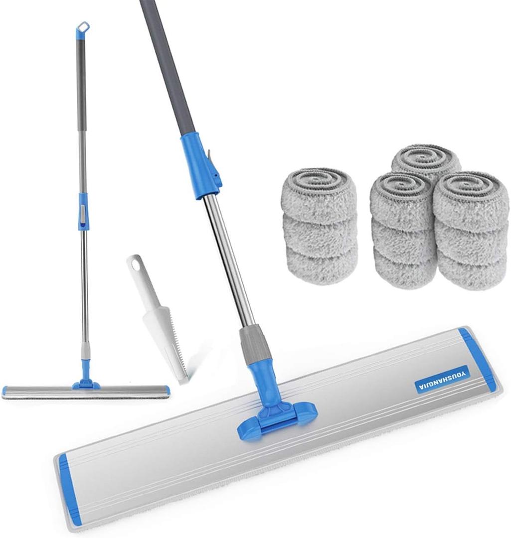 Microfiber Wet Mops 24 in Heavy Duty Flat Floor Mop Adjustable Handle with 4 Washable Mop Clothes