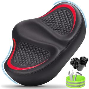 New Noseless Bike Seat for Men Women Comfort, Extra Wide Soft Padded Bicycle Seat, Large Comfortable Bike Saddle for Peloton, Stationary Exercise Bike, Ebike, Scooter, Beach Cruiser, City Bike (Red)