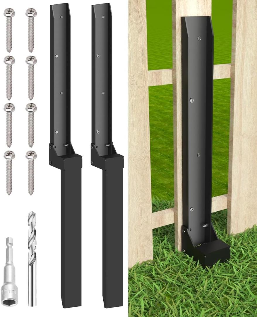 Fence Post Anchor Kit, Heavy Duty Metal Steel Post Repair Kit, Anchor Stakes Ground Spike for Repairing Tilted/Broken Wood Fence, Metal-Plate Style, 2 Packs