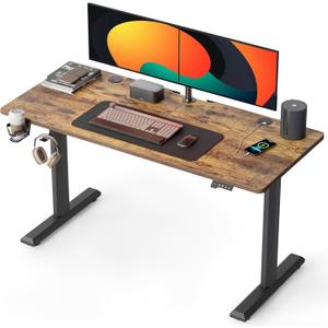 FEZIBO Height Adjustable Electric Standing Desk, 55 x 24 Inches Stand up Table, Sit Stand Home Office Desk with Splice Board, Rusticbrown