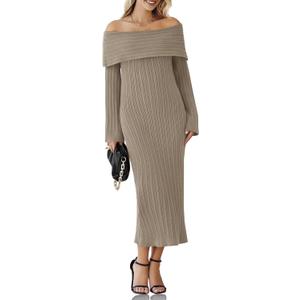 Saodimallsu Womens Off Shoulder Maxi Sweater Dress Long Sleeve Bodycon Sexy Elegant Club Party Knit Dresses (Small, Army Green)