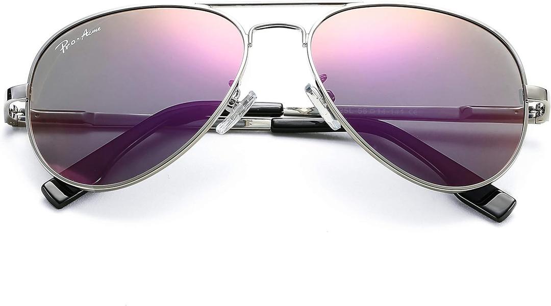 Pro Acme Polarized Aviator Sunglasses for Men and Women 100% UV Protection, 58mm (A1 Silver Frame/Purple Mirrored Lens)