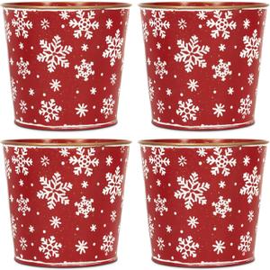 Putuo Decor Christmas Galvanized Metal Buckets, 5.9in Small Tin Buckets with Christmas Tree Pattern, 4Pcs Round Beverage Tub for Party Centerpiece Table Decor 5.9X5.3 in (Red-snowflake)