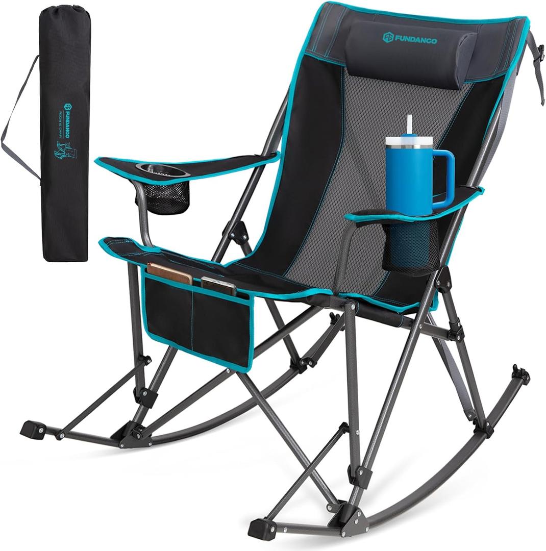 FUNDANGO Oversized Rocking Camping Chair for Adults, Portable Folding Lawn Chairs for Outside with Pillows, Wide Armrest, 2 Cup Holders, Carry Bag for Patio Garden Outdoor Supports 400Lbs (Black/Blue)