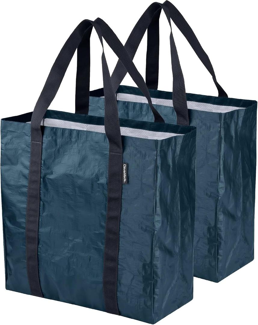 CleverMade Tall Frakta Reusable Grocery Tote - 42L - Pack of 2 - Ocean Blue - Collapsible Storage Shopping Organizer - Heavy Duty Utility Bag Home