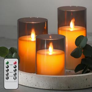 Flameless Candles with Remote Timer, LED Pillar Candles Moving Wick Flickering Battery Operated Pack of 3, Home Decorating for Ambiance, Cycling 24 Hours Timer, Gray
