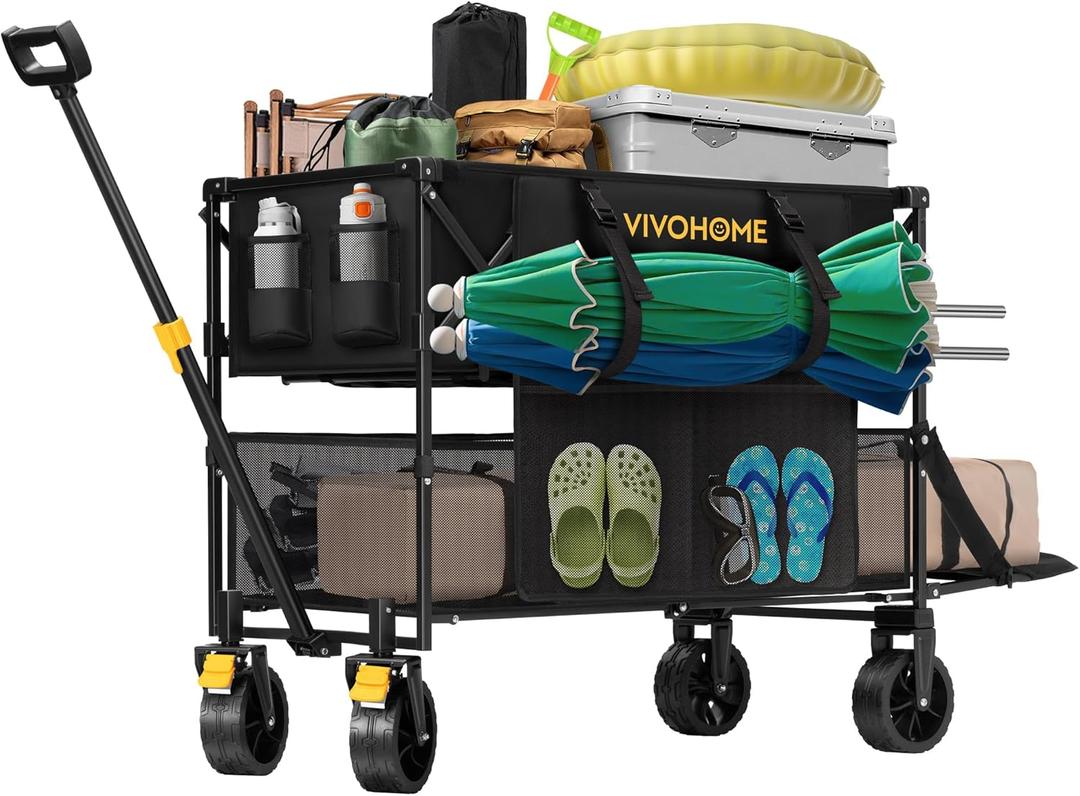 VIVOHOME 400L Large Capacity Double Decker Collapsible Wagon 500lbs Heavy Duty Utility Folding Cart with Big Wheels 53" Extended for Camping, Sports (Black)