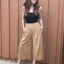 TARSE Womens Linen Palazzo Capri Pants Boho Summer Smocked High Waist Wide Leg Casual Loose Trousers with Pockets Flowy Pants (S)