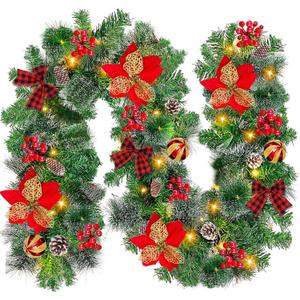 6 Ft by 10 Inch 30 LED Prelit Christmas Garland with Lights Timer Battery Operated 150 Snowy Bristle Pine, 8 Pinecones,56 Red Berries, 3 Bows, 4 Poinsettia, 3 Ball Ornaments for Home Indoor Xmas Decor