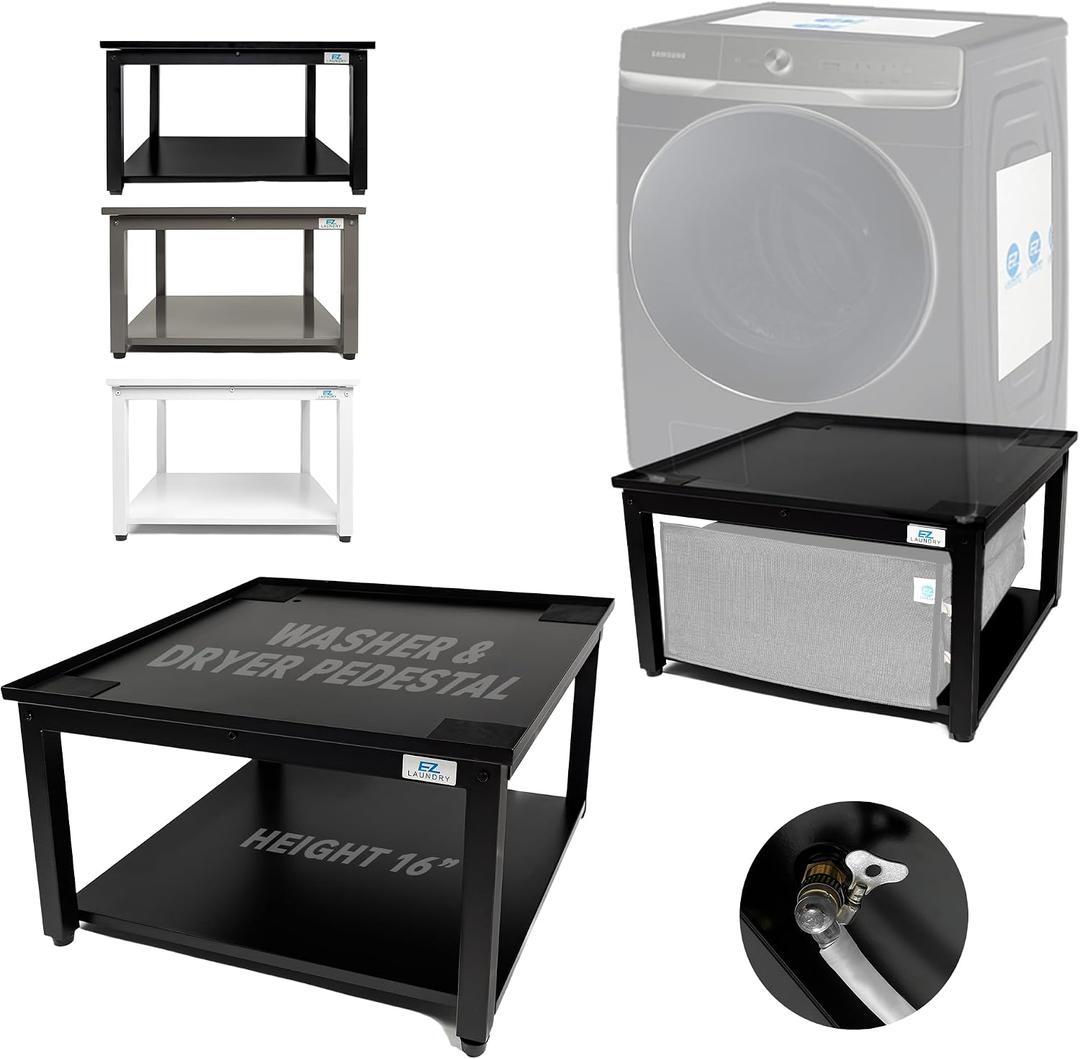 Washer and Dryer Pedestal - 29" W, 16" H, Black Steel Universal Fit with Major Brands, Leak-Proof Laundry Pedestal with Drain Pan & Hose, Washer and Dryer Stand for Back Pain Relief, 800 lbs Capacity