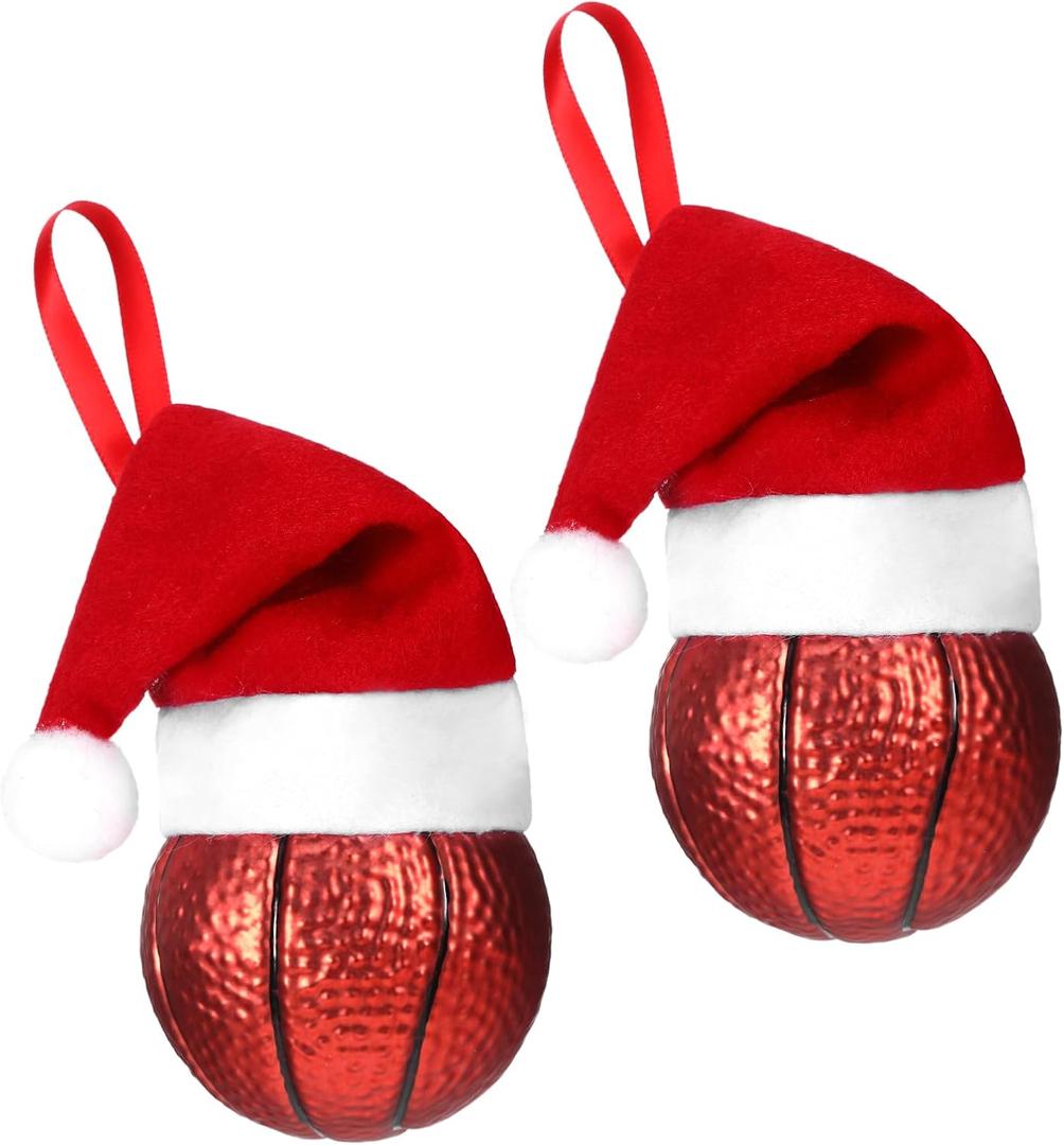 2 x 2Pcs Basketball Ornament, Basketball Ornaments for Christmas Tree Decoration with Red Santa Hat, Unique Glass Sports Decorations for Christmas, Hanging Balls Baubles Goalie Style Holiday Hanging Decor