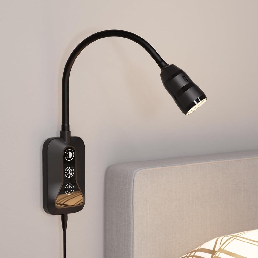 muyeziwo Wall Mounted Reading Light, Wall Light with Motion Sensor Switch, 5 Dimmable & Color Temperature Adjustable, USB-C Output, Flexible Neck Book Light for Bed, Heaboard (Black-1P)